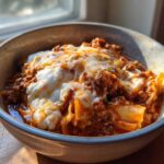 A close-up of a bowl of rich Instant Pot Lasagna Soup topped with melted mozzarella and meat sauce.