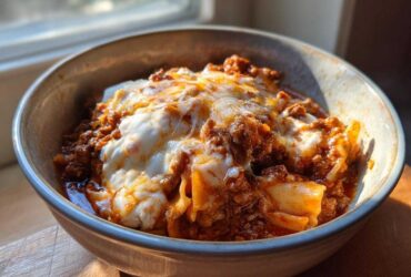 A close-up of a bowl of rich Instant Pot Lasagna Soup topped with melted mozzarella and meat sauce.