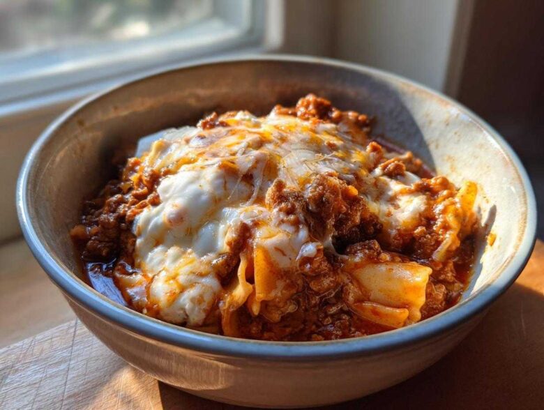 A close-up of a bowl of rich Instant Pot Lasagna Soup topped with melted mozzarella and meat sauce.