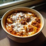 Close-up of a bowl of rich instant pot lasagna soup topped with a swirl of ricotta cheese and dried herbs.