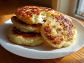 A stack of golden brown, freshly cooked Irish potato farls resting on a white plate.