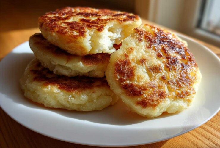 A stack of golden brown, freshly cooked Irish potato farls resting on a white plate.