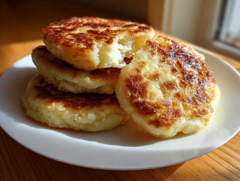 A stack of golden brown, freshly cooked Irish potato farls resting on a white plate.