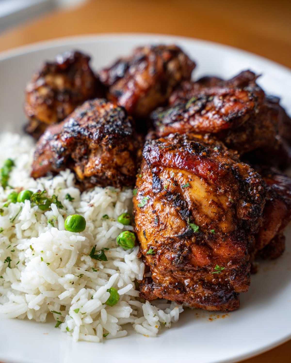 Close-up of perfectly cooked Jamaican jerk chicken pieces served over white rice with green peas.