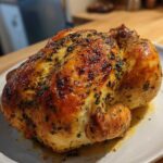 A perfectly roasted, glistening spatchcock chicken with crispy, herb-seasoned skin resting on a white plate.