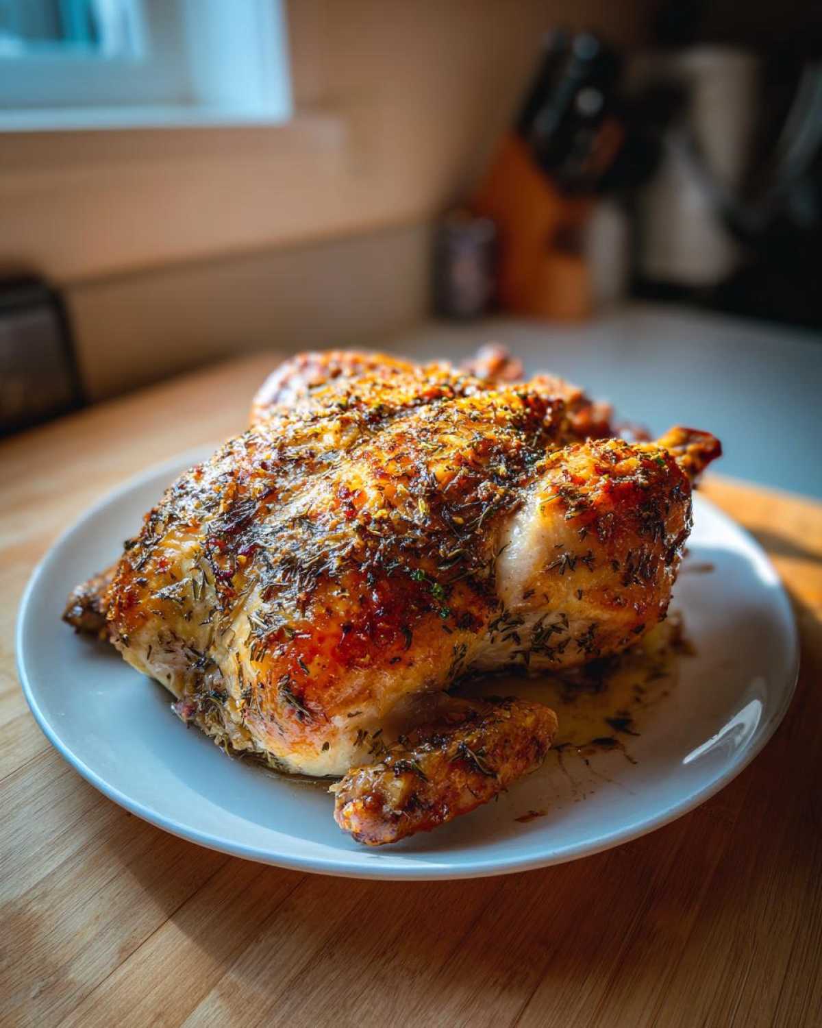 A beautifully roasted, herb-crusted spatchcock chicken resting on a white plate, showing crispy, golden-brown skin.