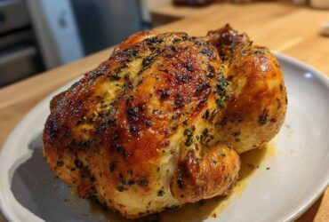 A perfectly roasted, glistening spatchcock chicken with crispy, herb-seasoned skin resting on a white plate.