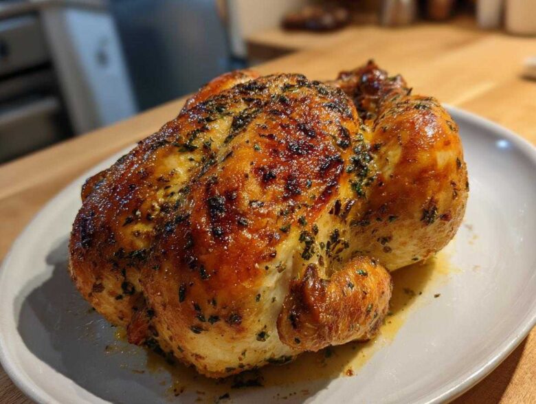 A perfectly roasted, glistening spatchcock chicken with crispy, herb-seasoned skin resting on a white plate.