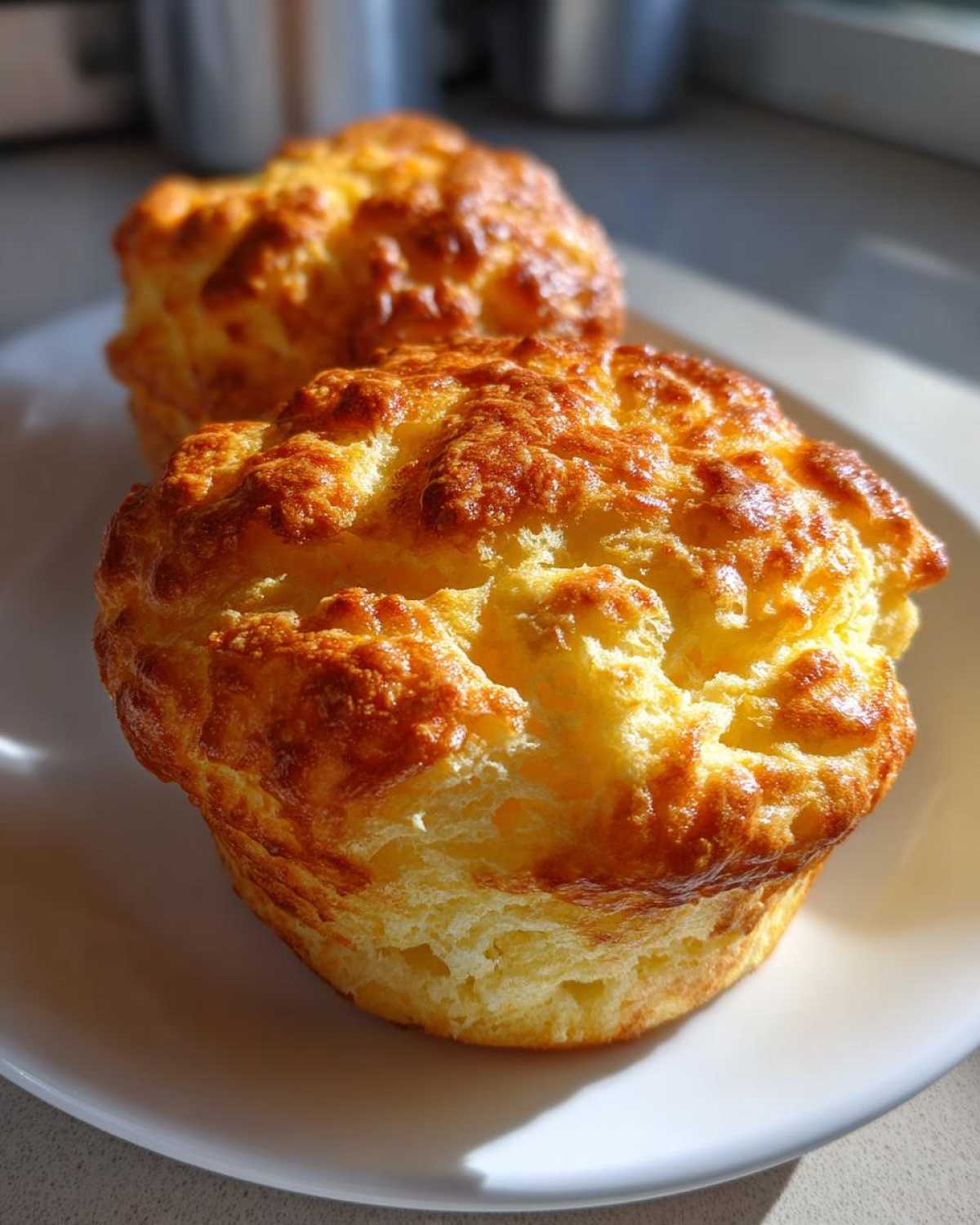 Two golden brown, fluffy keto cloud bread muffins sitting on a white plate in sunlight.