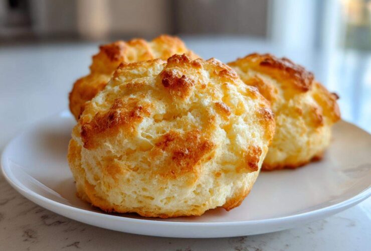 Close-up of three fluffy, golden-brown keto cloud bread slices served on a white plate.