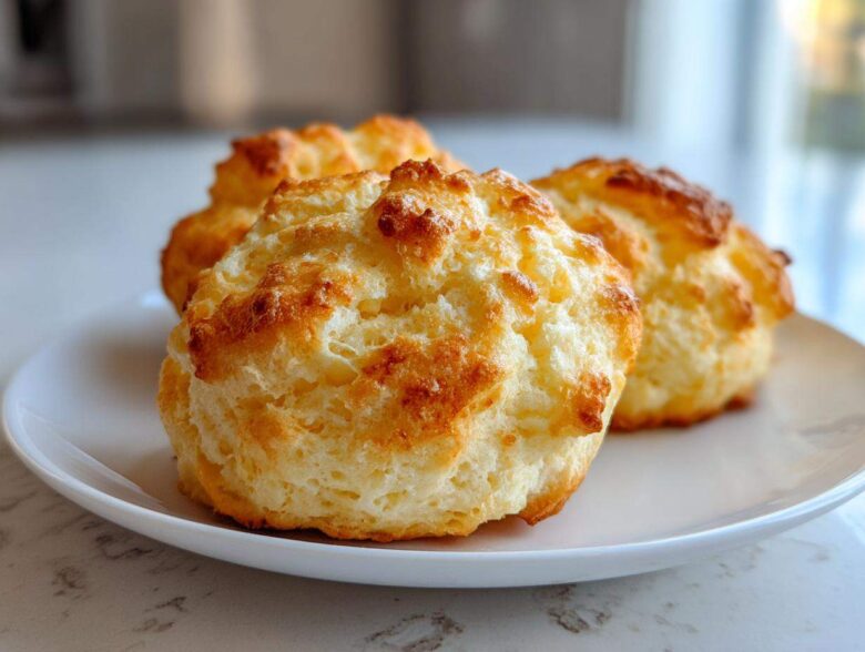 Close-up of three fluffy, golden-brown keto cloud bread slices served on a white plate.