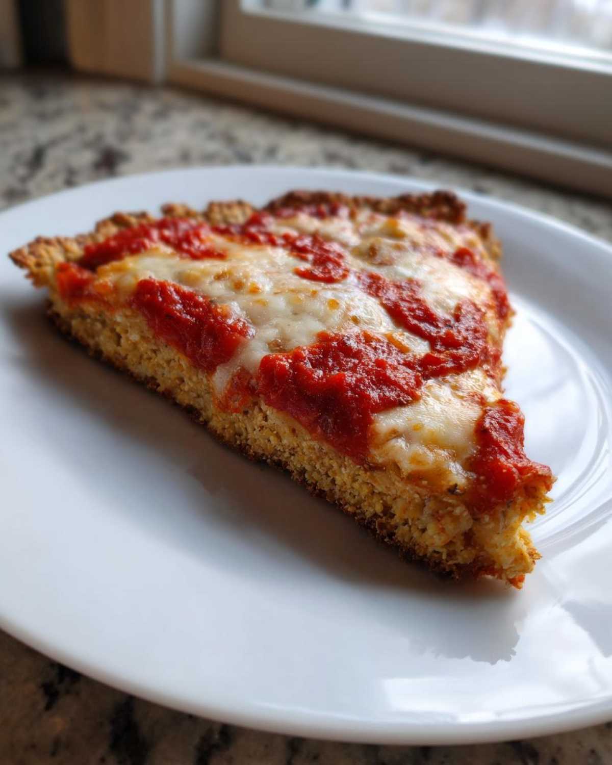 A single slice of pizza featuring a thick, golden keto pizza crust topped with bright red sauce and melted mozzarella cheese.