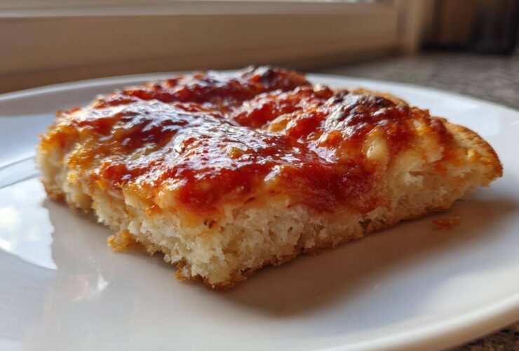 Close-up of a thick slice of keto pizza crust topped with melted cheese and bright red tomato sauce.