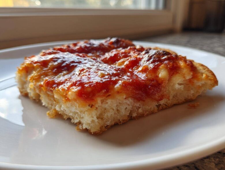 Close-up of a thick slice of keto pizza crust topped with melted cheese and bright red tomato sauce.