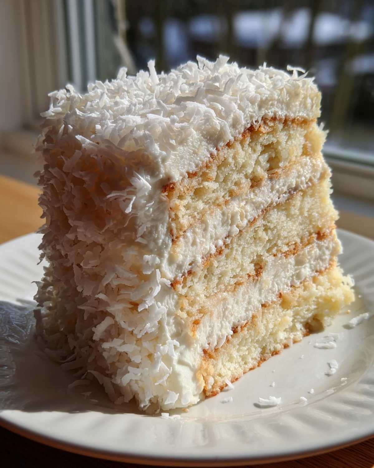 A tall slice of layered coconut cake recipe covered in white frosting and shredded coconut flakes.