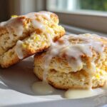 Two fluffy lemon scones topped with a thick, dripping white glaze, sitting on a white plate.