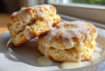 Two fluffy lemon scones topped with a thick, dripping white glaze, sitting on a white plate.