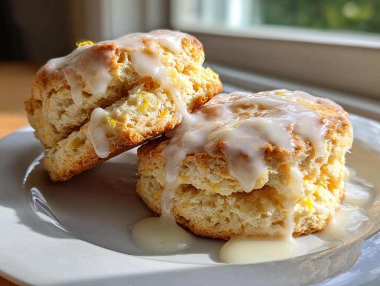 Two fluffy lemon scones topped with a thick, dripping white glaze, sitting on a white plate.