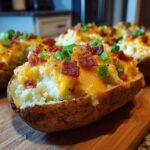 Close-up of a loaded baked potato casserole half, stuffed with creamy filling, melted cheddar cheese, bacon bits, and green onions.