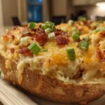 A close-up of a loaded baked potato casserole half, topped with melted cheddar cheese, bacon bits, and green onions.