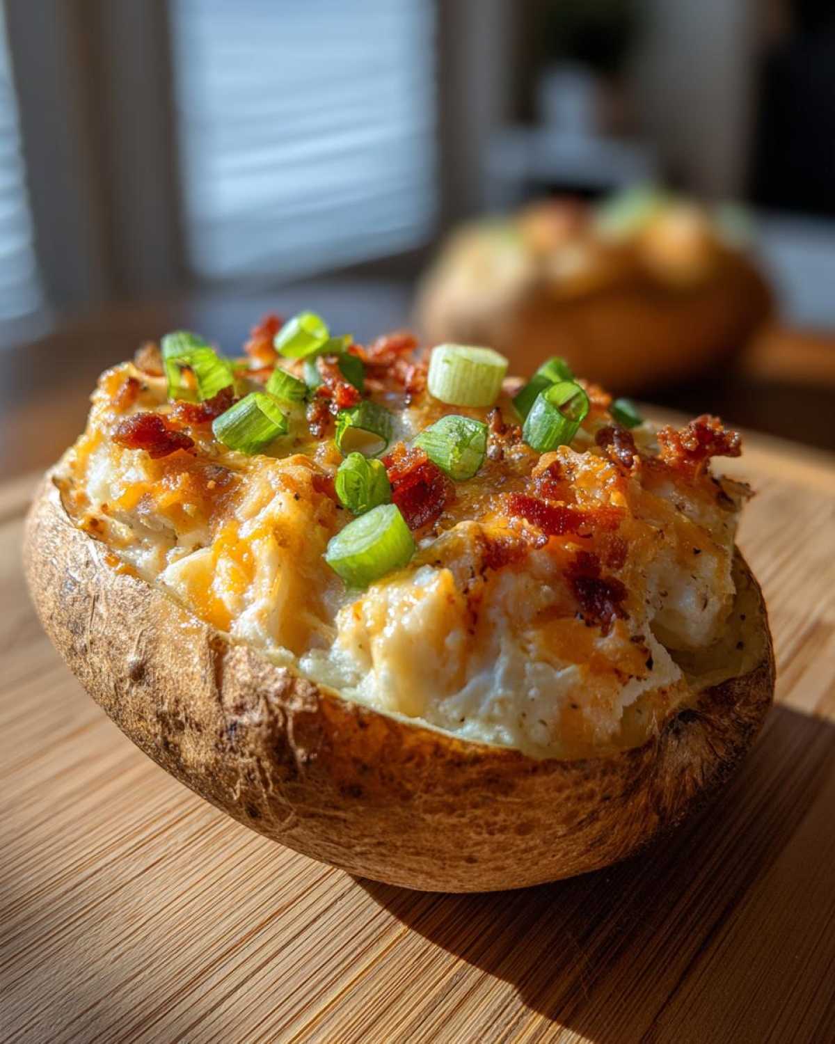 A close-up of a delicious baked potato casserole filling topped with melted cheese, bacon bits, and fresh green onions.