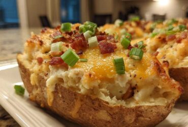 A close-up of a loaded baked potato casserole half, topped with melted cheddar cheese, bacon bits, and green onions.