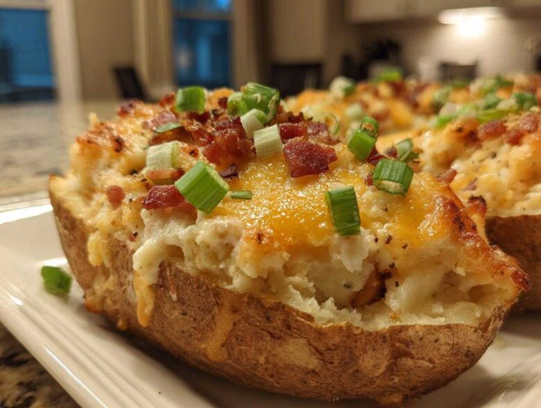 A close-up of a loaded baked potato casserole half, topped with melted cheddar cheese, bacon bits, and green onions.