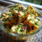 Cubes of white cheese heavily coated in herbs and red pepper flakes, glistening in oil, ready for serving as marinated cheese.