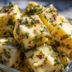 Close-up of cubed marinated cheese bites soaking in oil, covered with fresh green herbs and red pepper flakes.