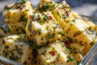 Close-up of cubed marinated cheese bites soaking in oil, covered with fresh green herbs and red pepper flakes.