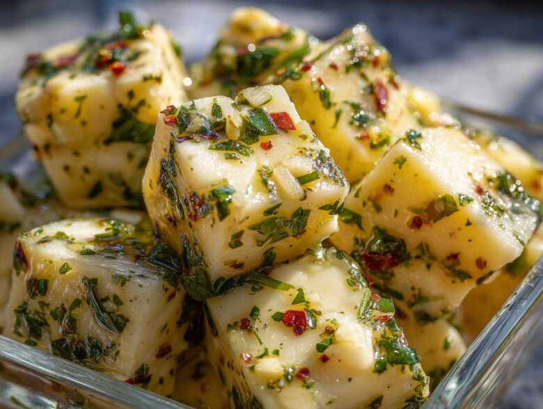 Close-up of cubed marinated cheese bites soaking in oil, covered with fresh green herbs and red pepper flakes.