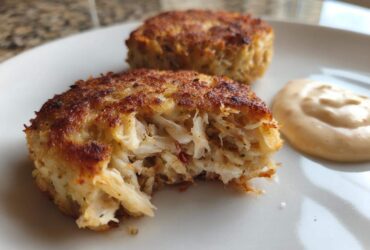 Close-up of a flaky, golden-brown Maryland crab cake with a bite taken out, served next to a dollop of sauce.