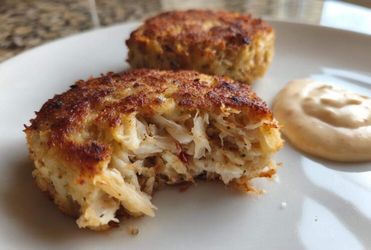 Close-up of a flaky, golden-brown Maryland crab cake with a bite taken out, served next to a dollop of sauce.