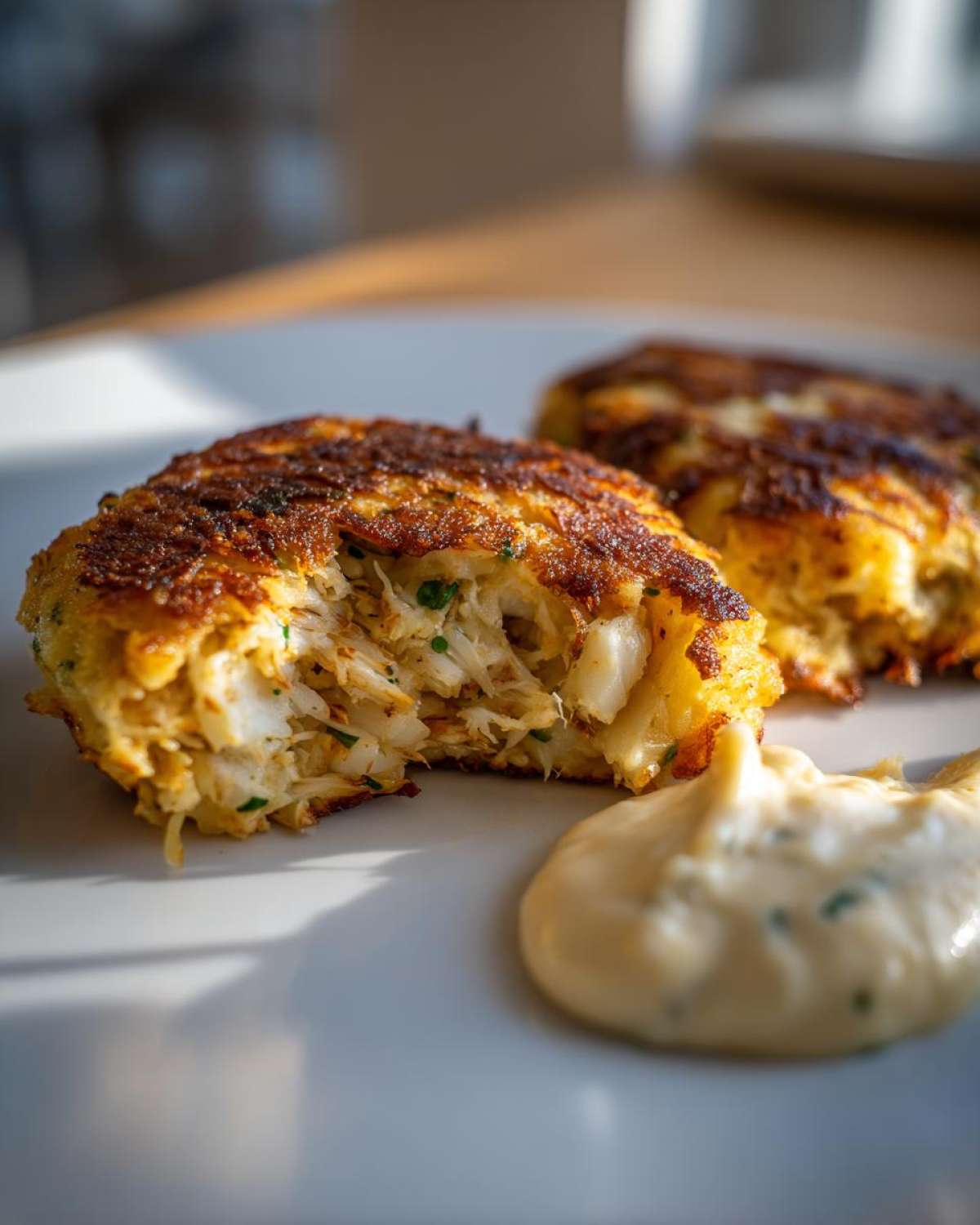 Close-up of a golden-brown Maryland crab cake cut open to show flaky white crab meat, served with a dollop of aioli.