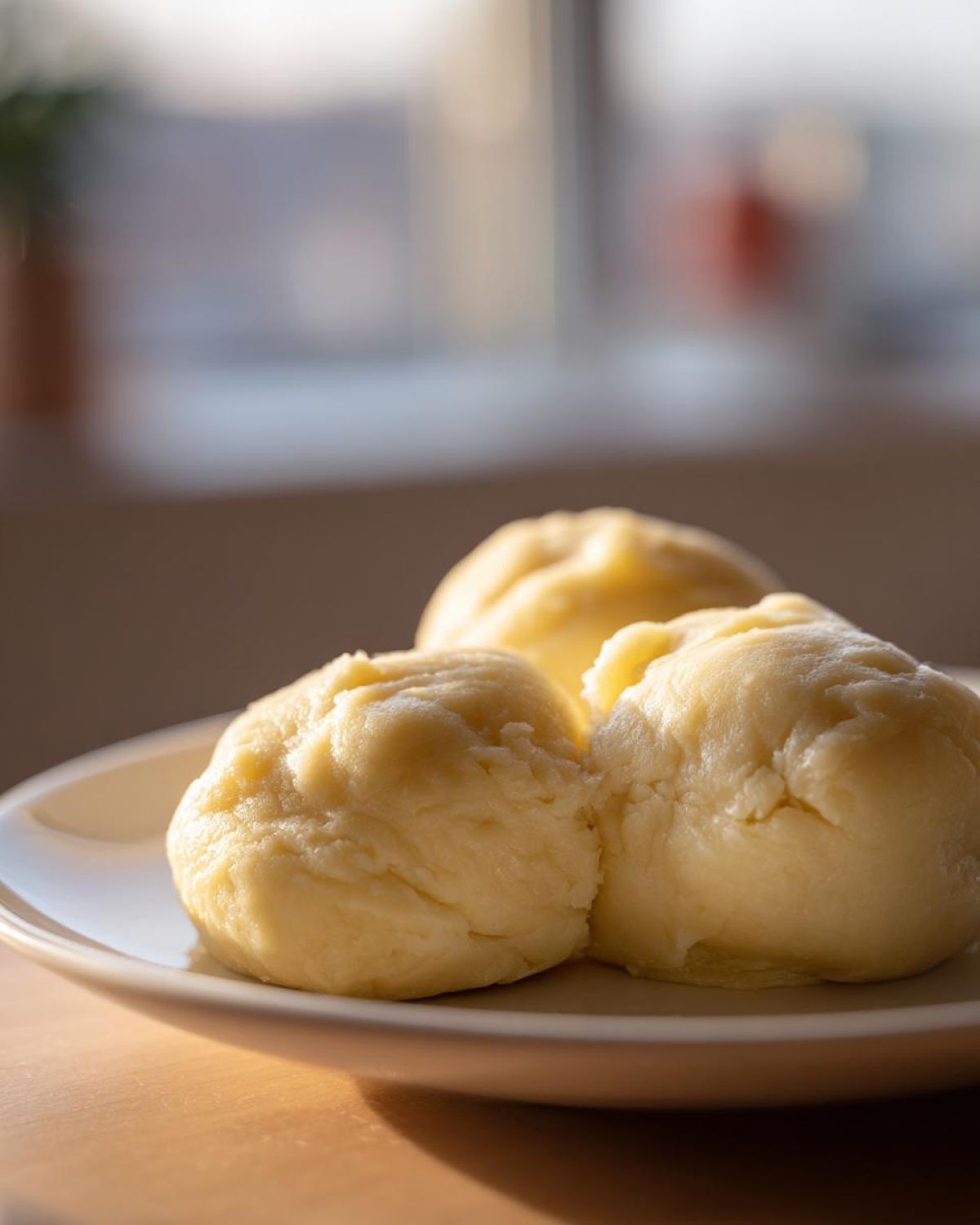 Three soft, pale yellow balls of homemade marzipan recipe dough resting on a white plate.
