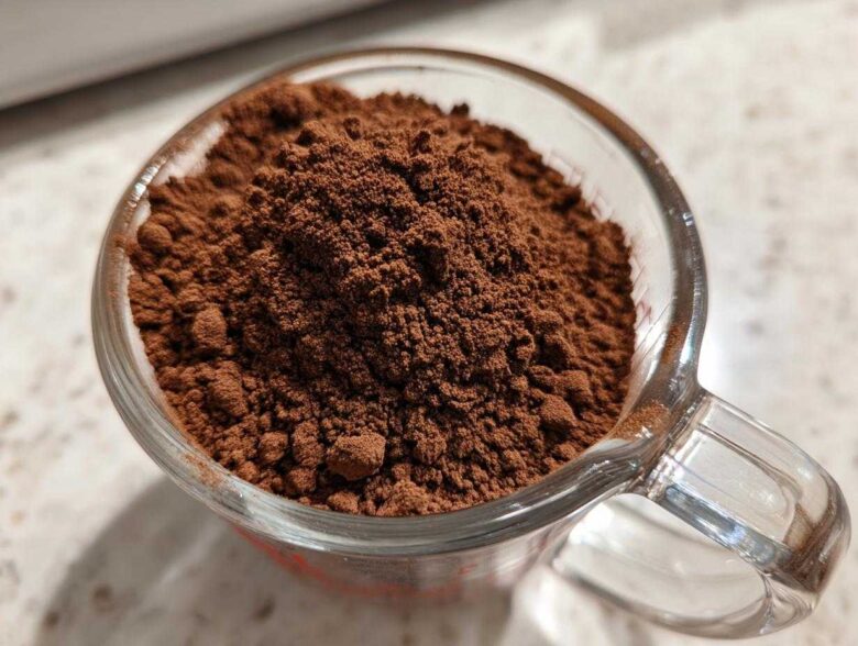 Close-up of rich brown powder, representing homemade hot cocoa mix, filling a clear glass measuring cup.