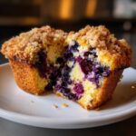 Close-up of fluffy blueberry muffins cut in half, showing moist interior loaded with blueberries and a crisp crumb topping.