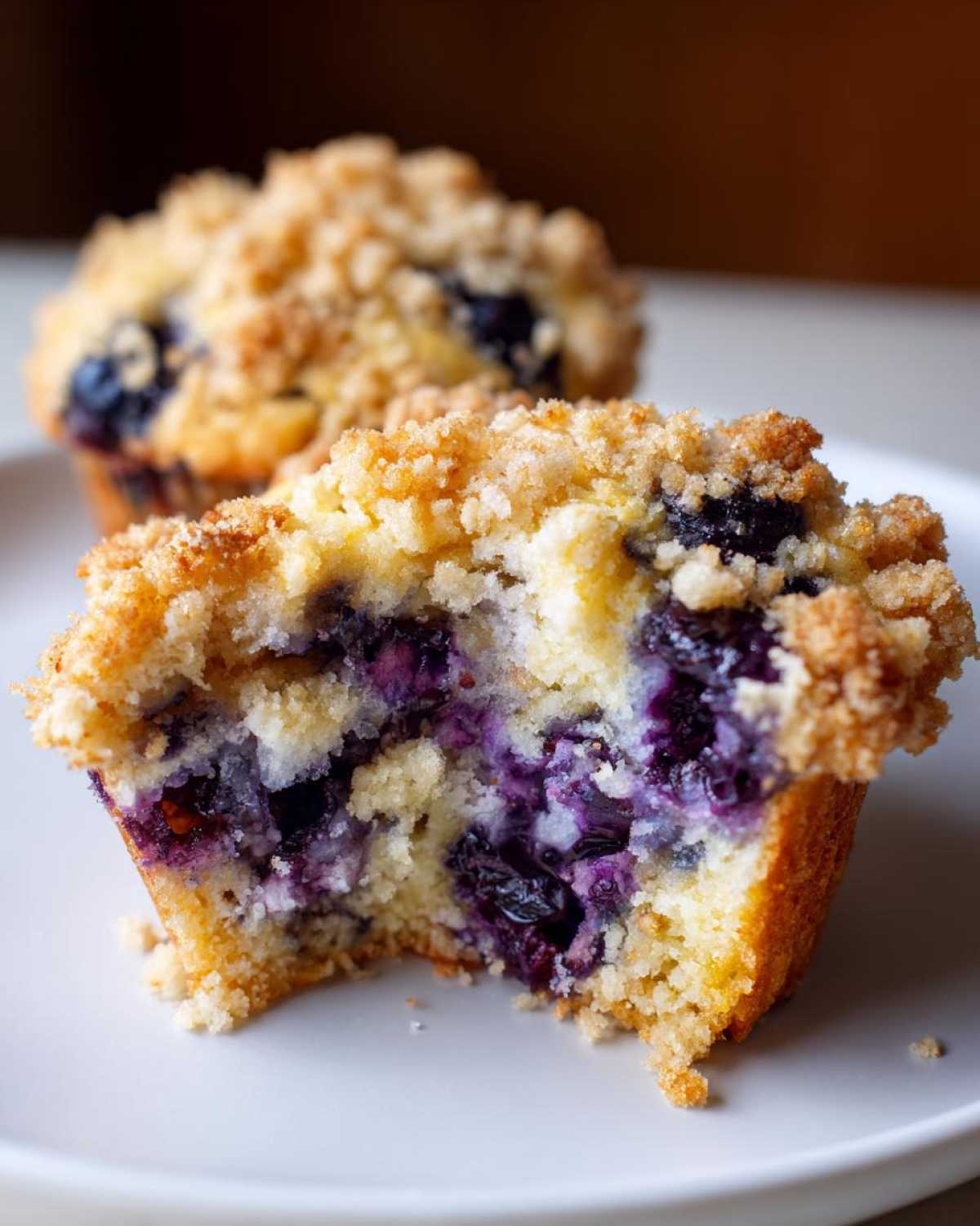 Close-up of a blueberry muffin cut in half showing moist crumb and bursting blueberries, topped with streusel.