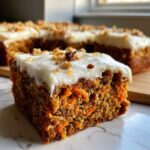 Close-up of a moist square of carrot cake bars topped with thick cream cheese frosting and chopped walnuts.