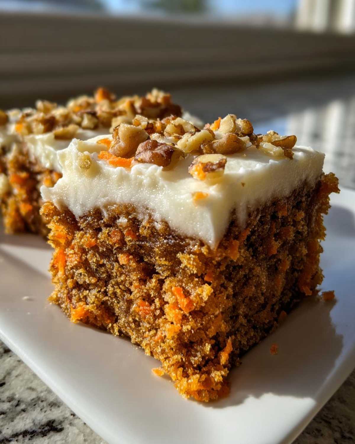Close-up of a moist carrot cake bars slice topped with thick cream cheese frosting and chopped walnuts.