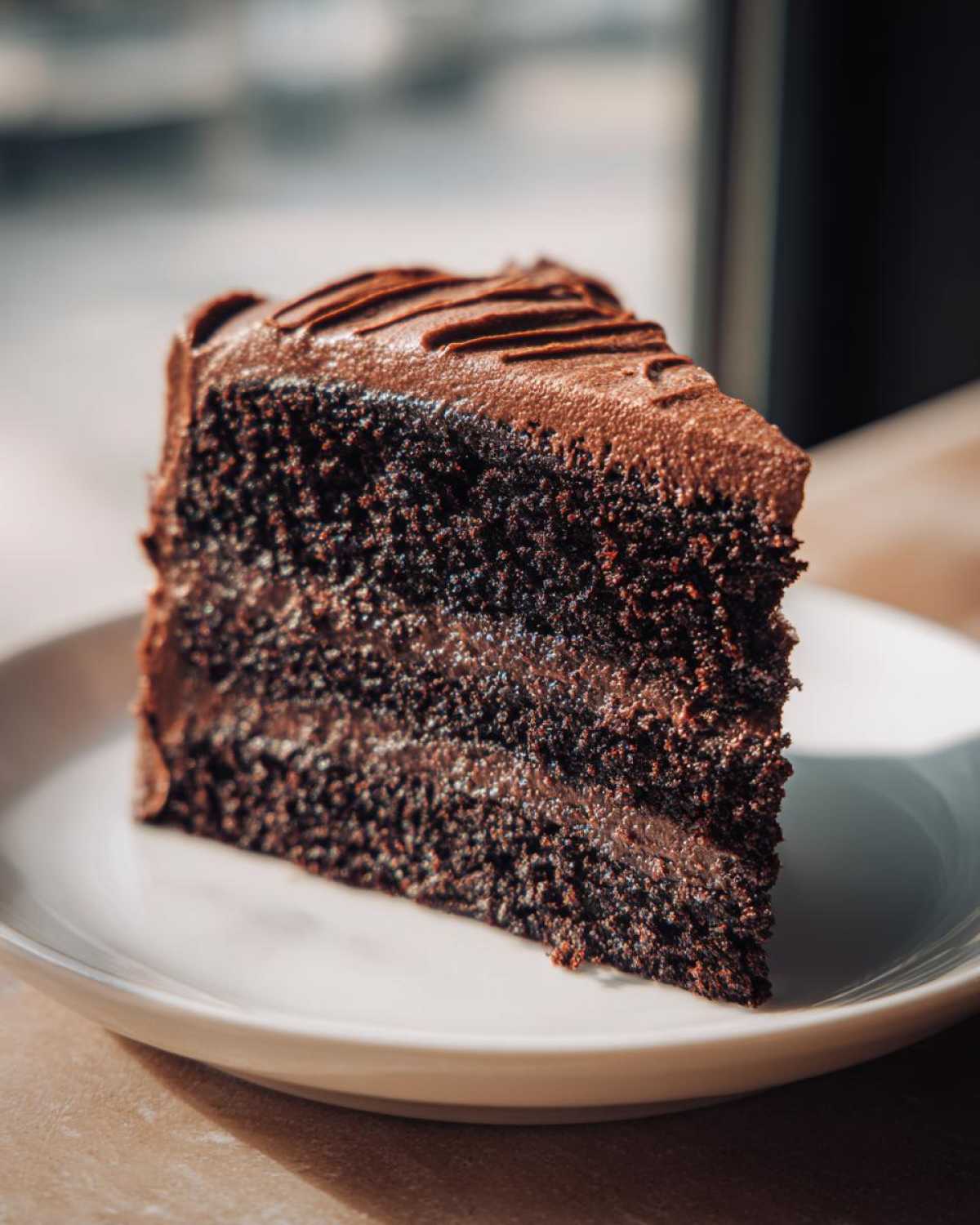 A tall, rich slice of moist chocolate cake recipe layered with dark chocolate frosting on a white plate.