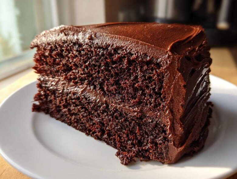 Close-up of a thick slice of moist chocolate cake recipe with dark, rich chocolate frosting.