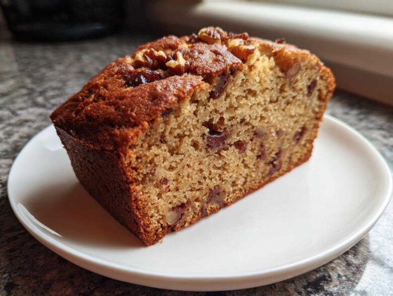 Close-up of a moist slice of date nut bread topped with walnuts, served on a white plate.