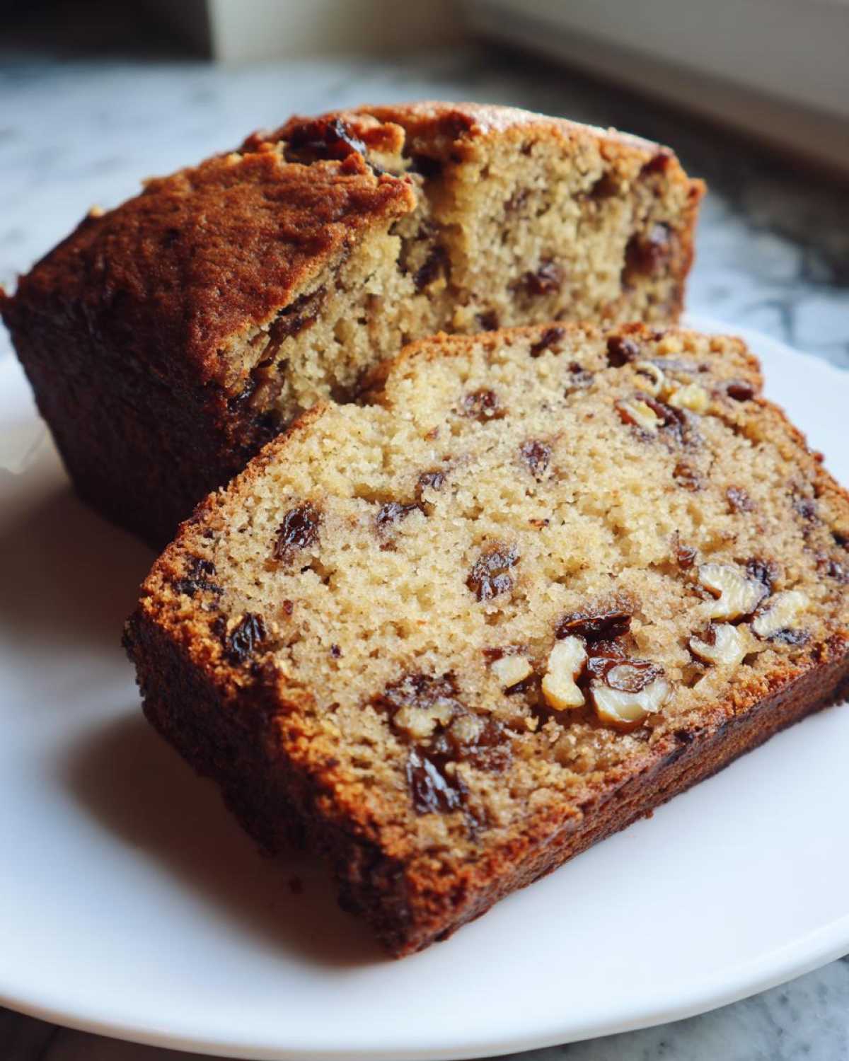 Close-up of moist date nut bread loaf with two slices showing raisins and walnuts throughout the crumb.