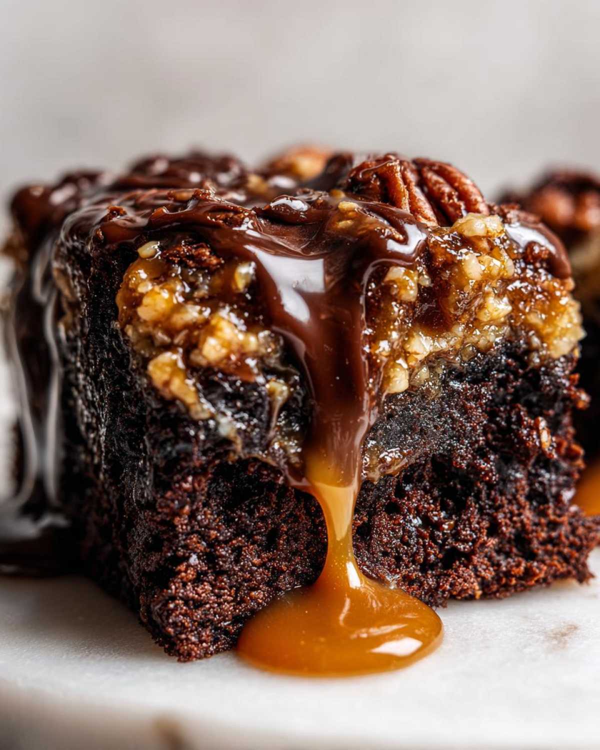 Close-up of a moist slice of german chocolate poke cake topped with pecan coconut mixture and caramel sauce dripping down.