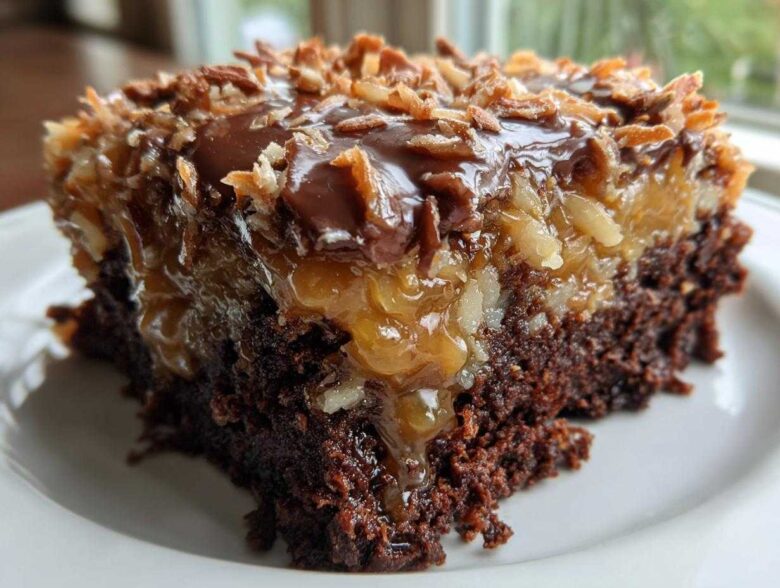 Close-up of a moist slice of german chocolate poke cake showing the dark chocolate base, gooey caramel-pecan filling, and toasted coconut topping.