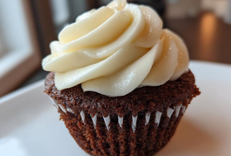 Close-up of a moist, dark gingerbread cupcake topped with a swirl of cream cheese frosting.