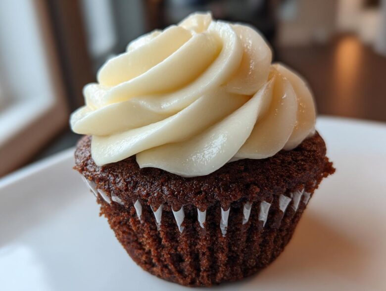 Close-up of a moist, dark gingerbread cupcake topped with a swirl of cream cheese frosting.