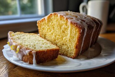 A moist lemon loaf, partially sliced, featuring a thick, white glaze dripping down the sides, perfect for a sweet treat.