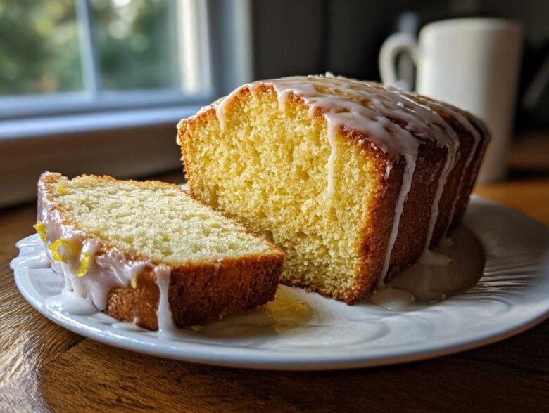A moist lemon loaf, partially sliced, featuring a thick, white glaze dripping down the sides, perfect for a sweet treat.